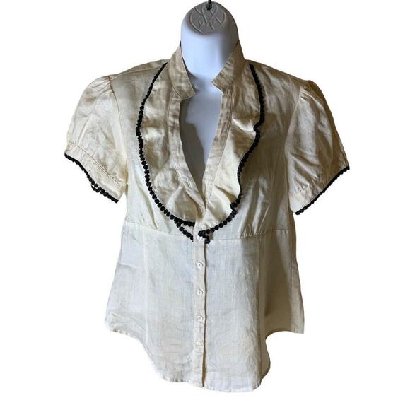 Sunny Leigh 100% Linen Shirt Women's Size Medium Ruffle Lace Trim Neckline Top - Picture 3 of 8